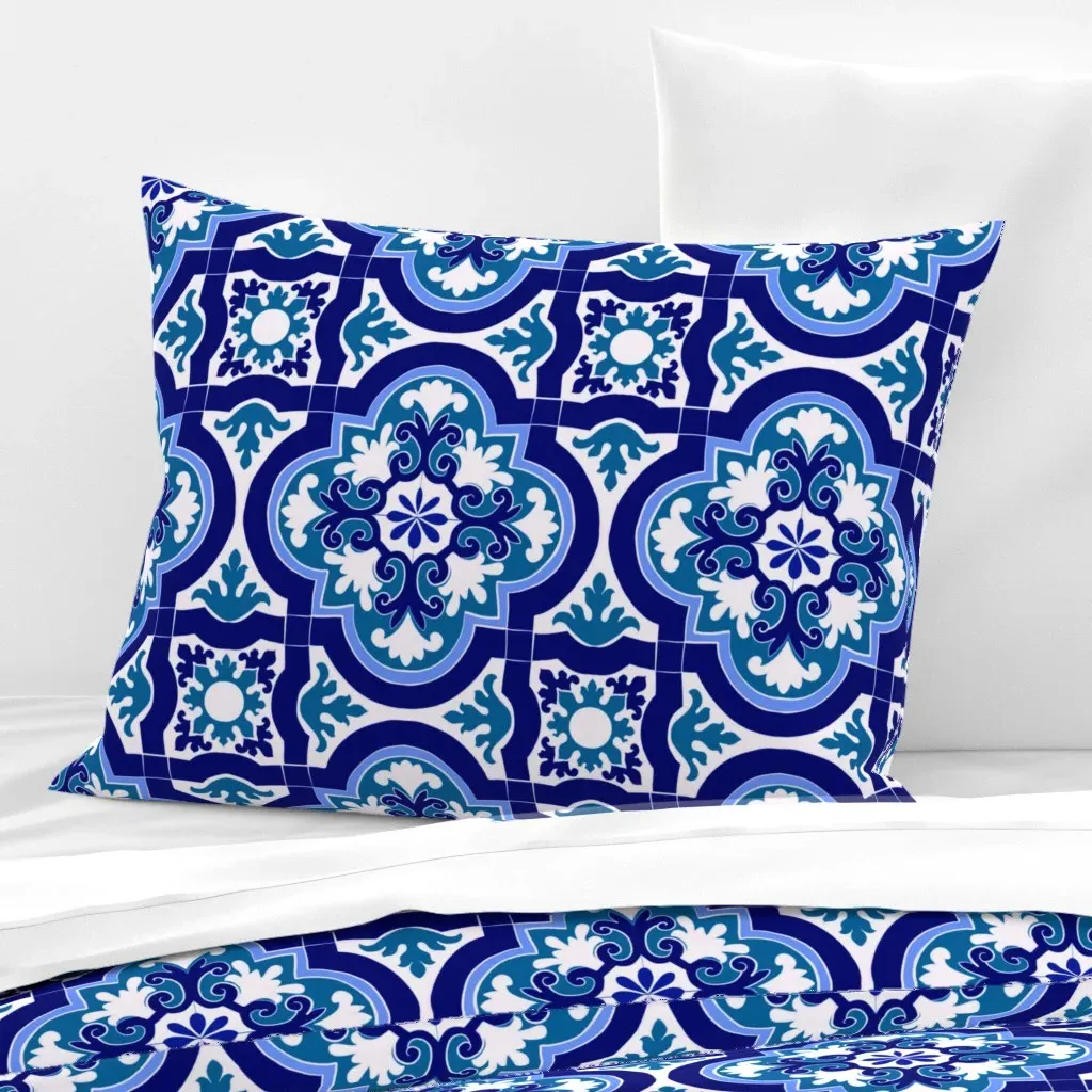 Mediterranean Tiles Mosaic Art Standard Knife Edge Cushion - Dark Blue, Cotton Sateen product