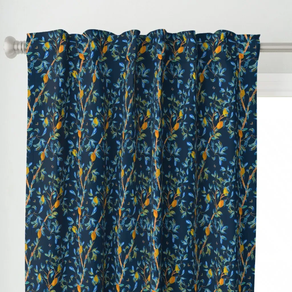 Medium Navy Blue Lemon Curtain Panel - Yellow alternate view