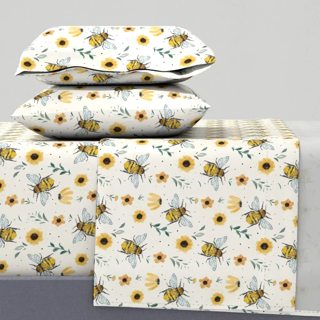 Medium Scale Spring Bees King Size Sheet Set - Yellow product