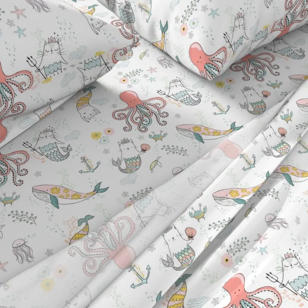 Mermaid Cat Nautical Paradise King Size Sheet Set - Pink alternate view