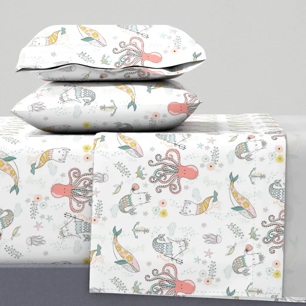 Mermaid Cat Nautical Paradise King Size Sheet Set - Pink product