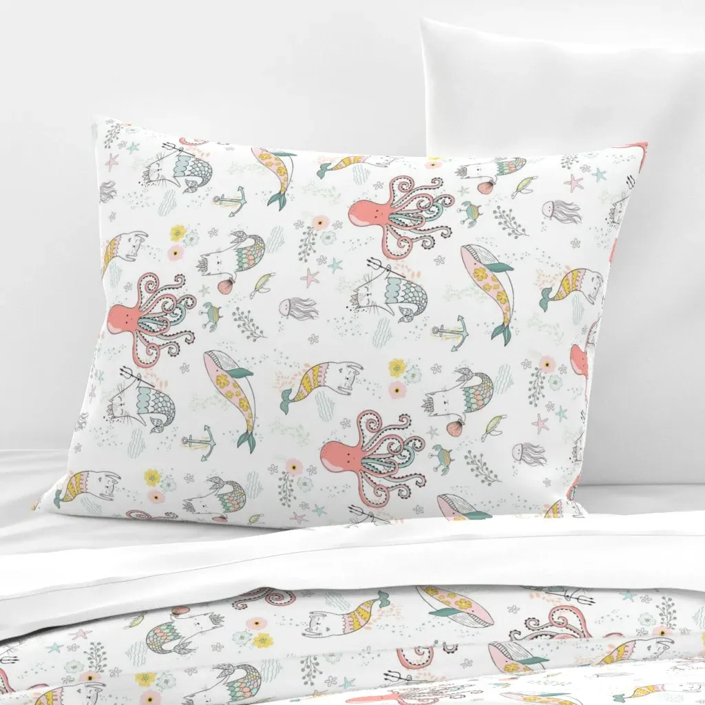 Mermaid Cat Nautical Standard Knife Edge Pillow - Pink, Cotton Sateen product