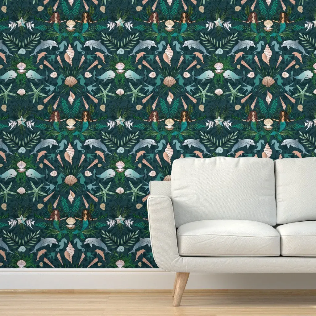 Mermaid Garden Under The Sea Peel and Stick Wallpaper - Teal product