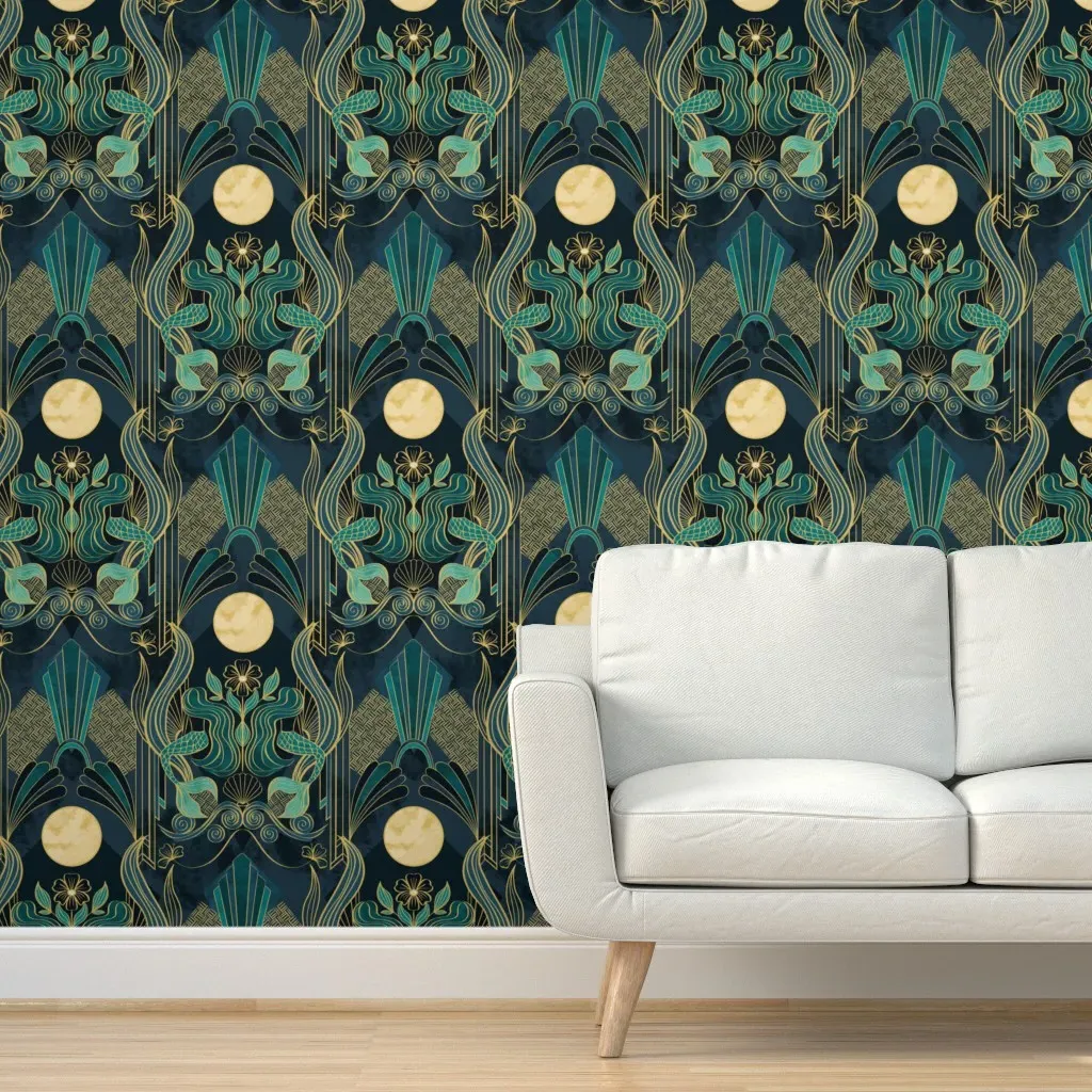 Mermaid In Moonlight Peel and Stick Wallpaper - Teal product