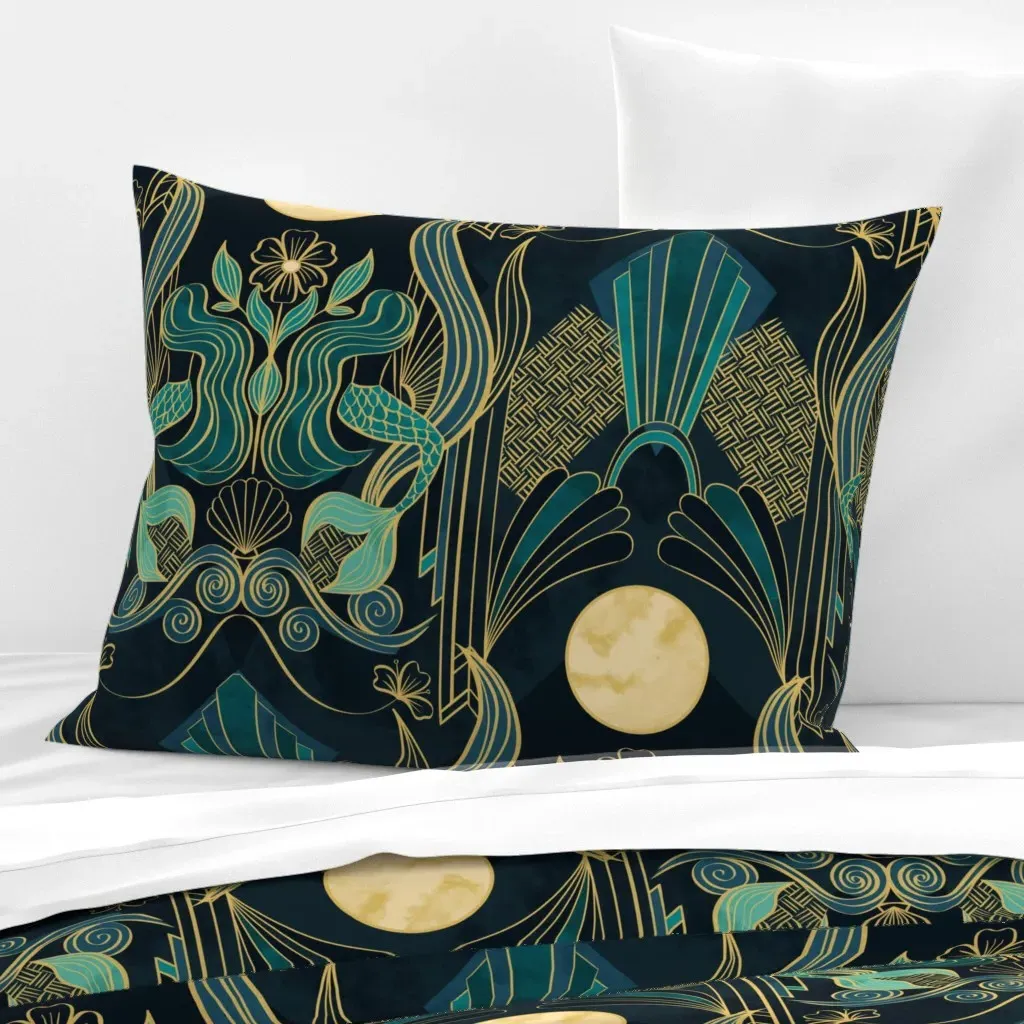 Mermaid In Moonlight Standard Knife Edge Pillow - Teal, Cotton Sateen product