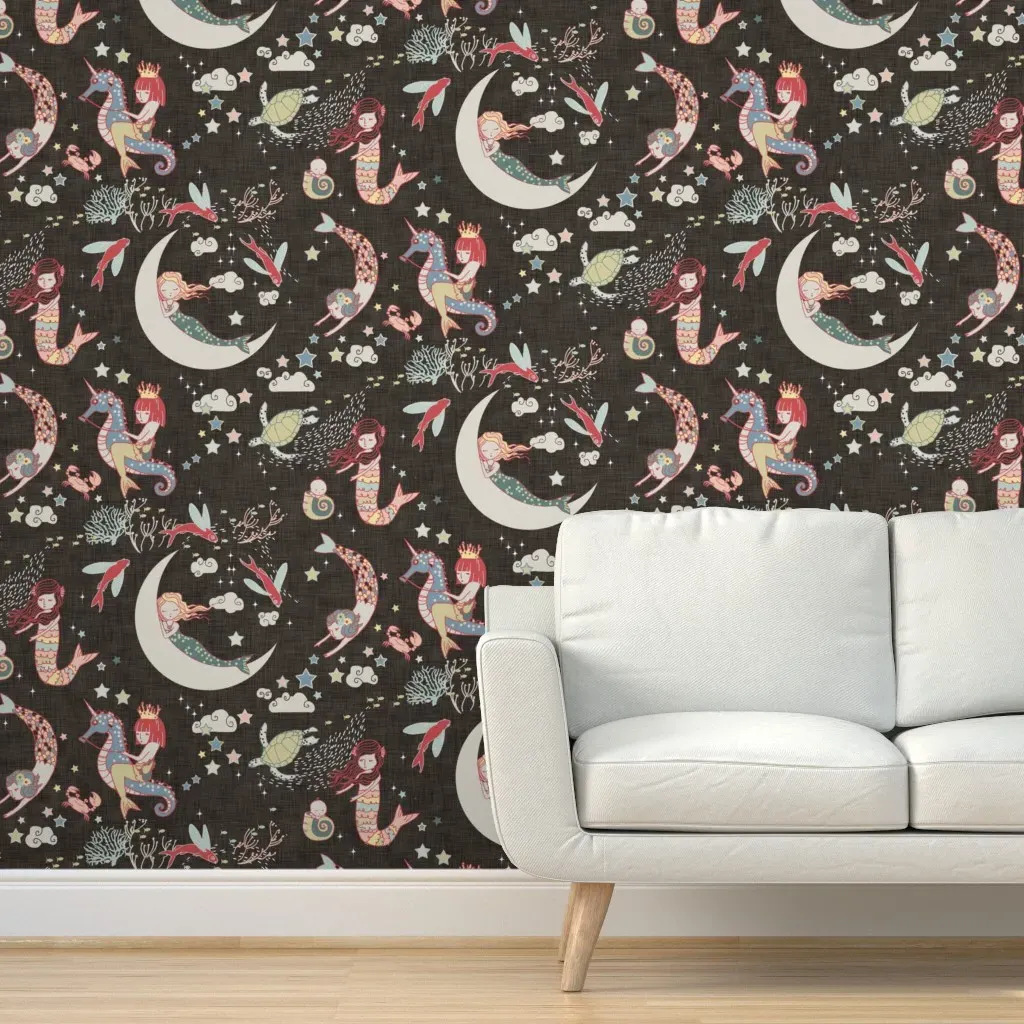 Mermaid Lullaby Peel and Stick Wallpaper - Dark Teal, Black Linen product