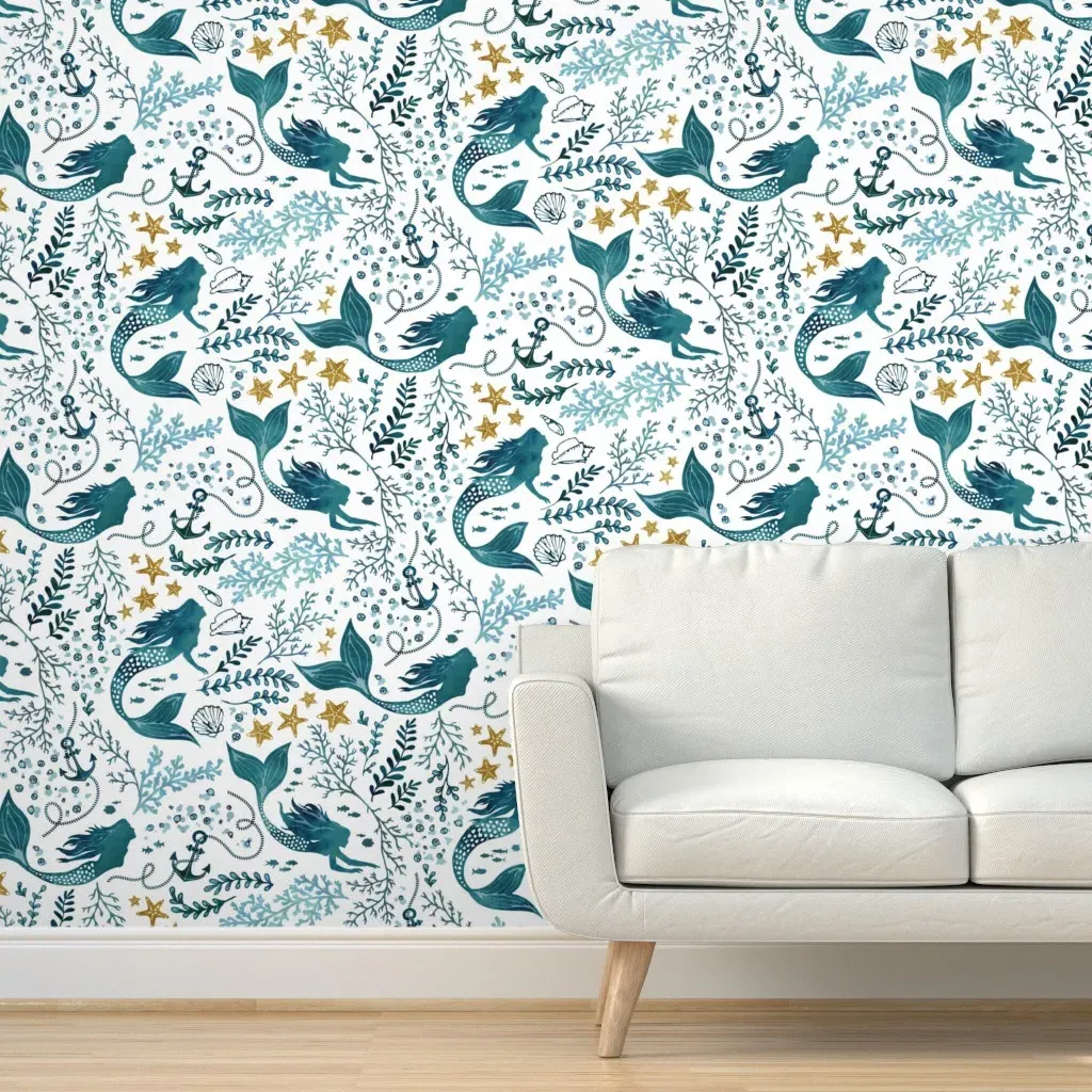 Mermaid Ocean Peel and Stick Wallpaper - White, Gold product