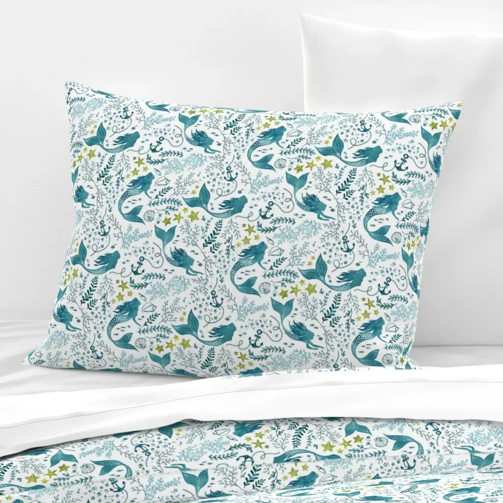 Mermaid Ocean Standard Knife Edge Pillow - Teal, Cotton Sateen product