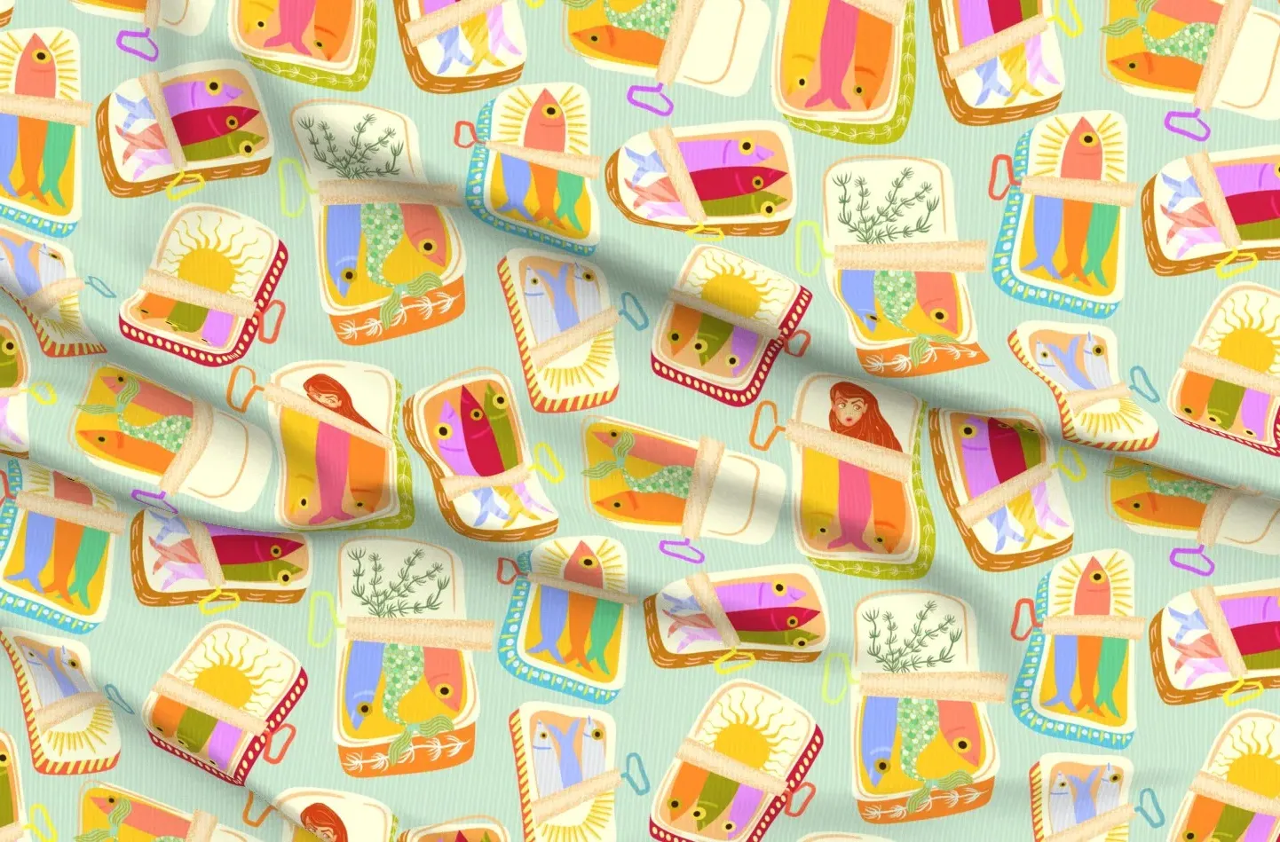 Mermaid Sardine Can Conversational XL Fabric - Orange product