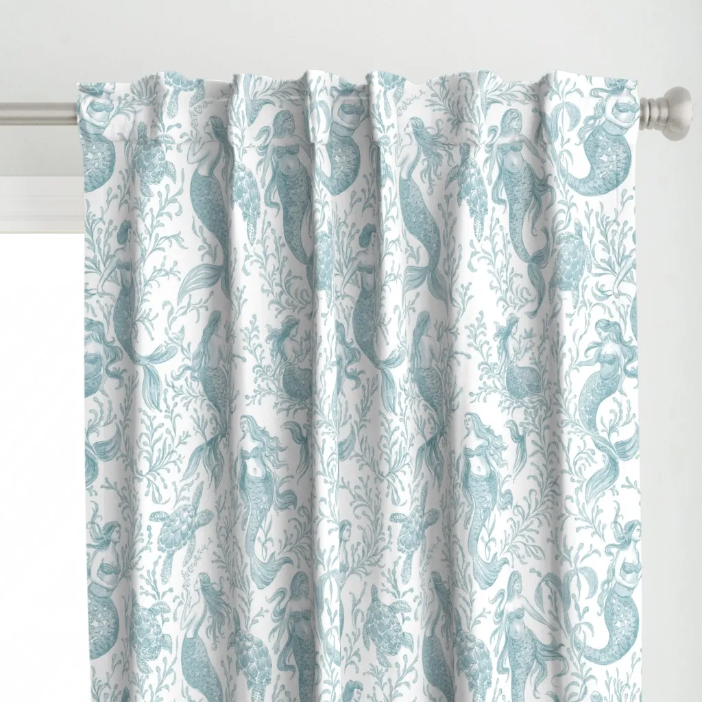 Mermaid Turtle Toile Curtain Panel - Blue alternate view