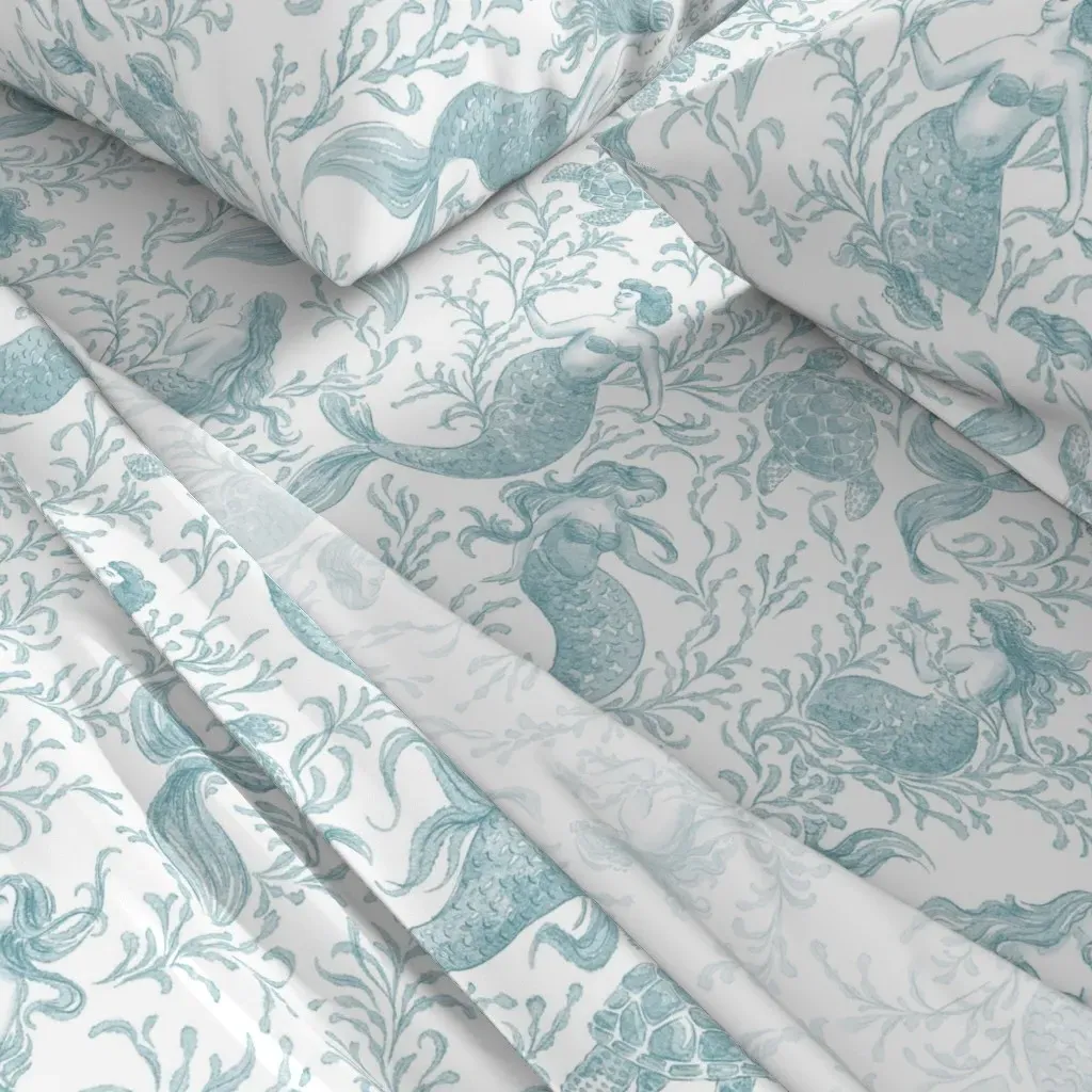 Mermaid Turtle Toile Full Sheet Set - Blue alternate view