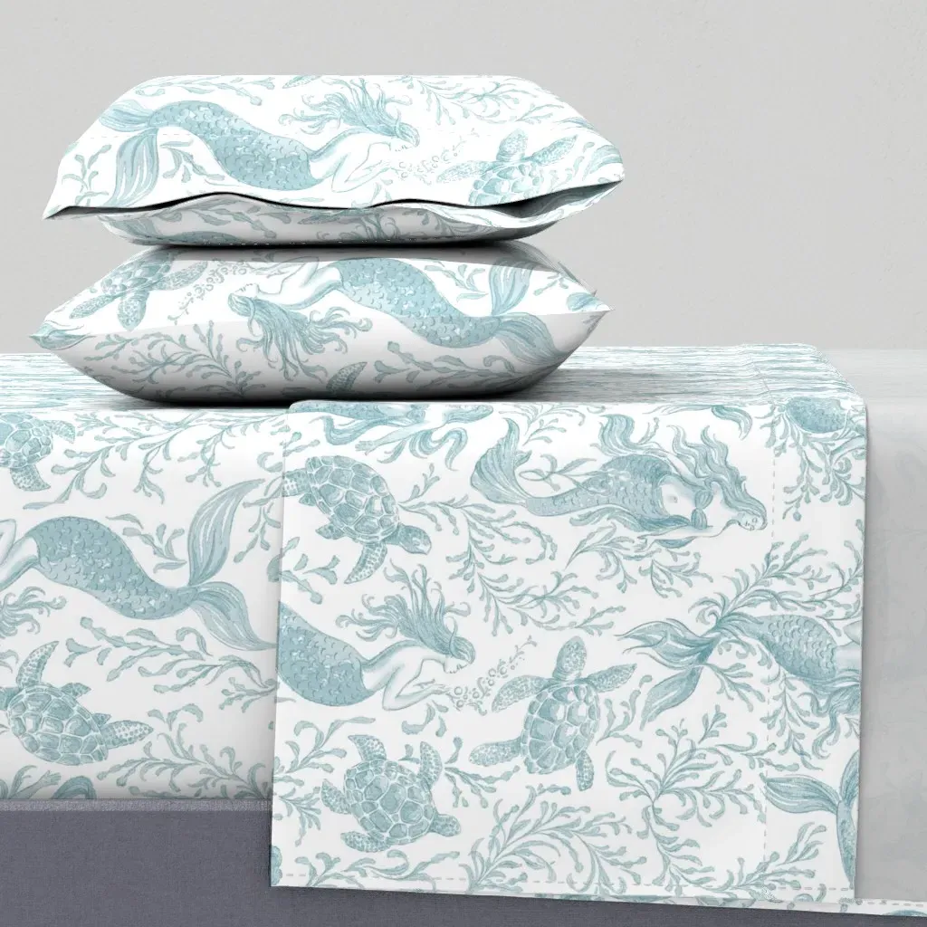 Mermaid Turtle Toile Full Sheet Set - Blue product