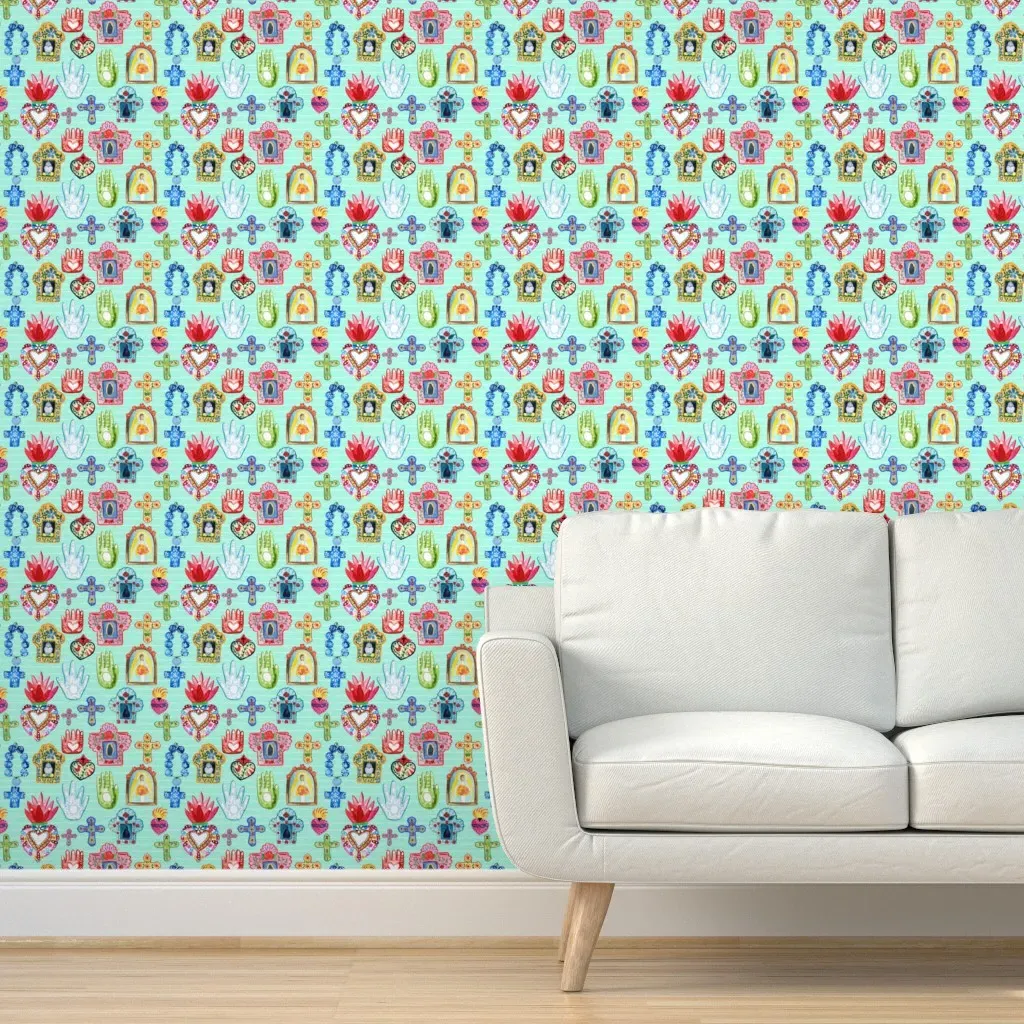 Mexican Market Talismans Small Peel and Stick Wallpaper - Teal product
