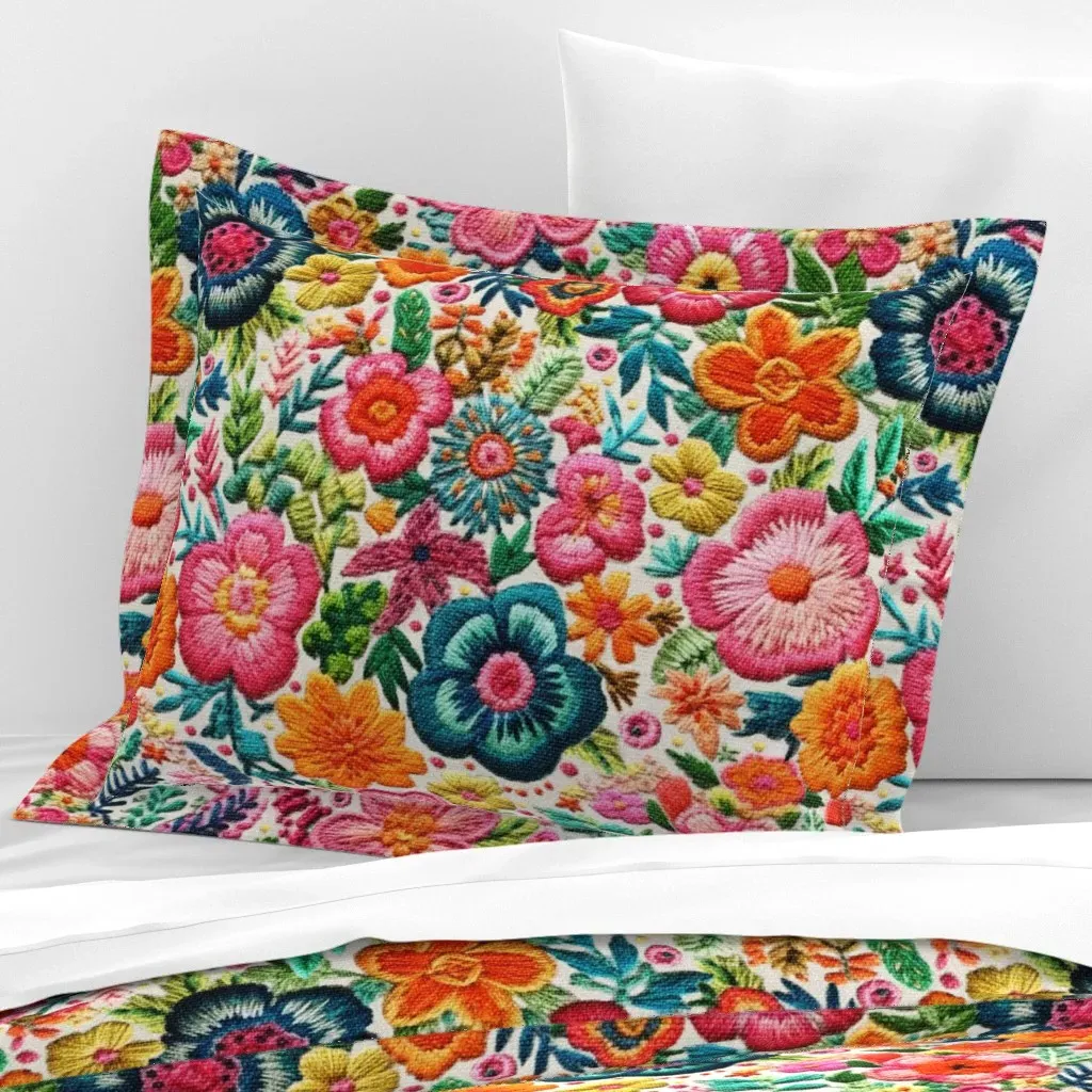 Mexican Rainbow Floral Embroidery Standard Flanged Cushion - Pink, Cotton Sateen product