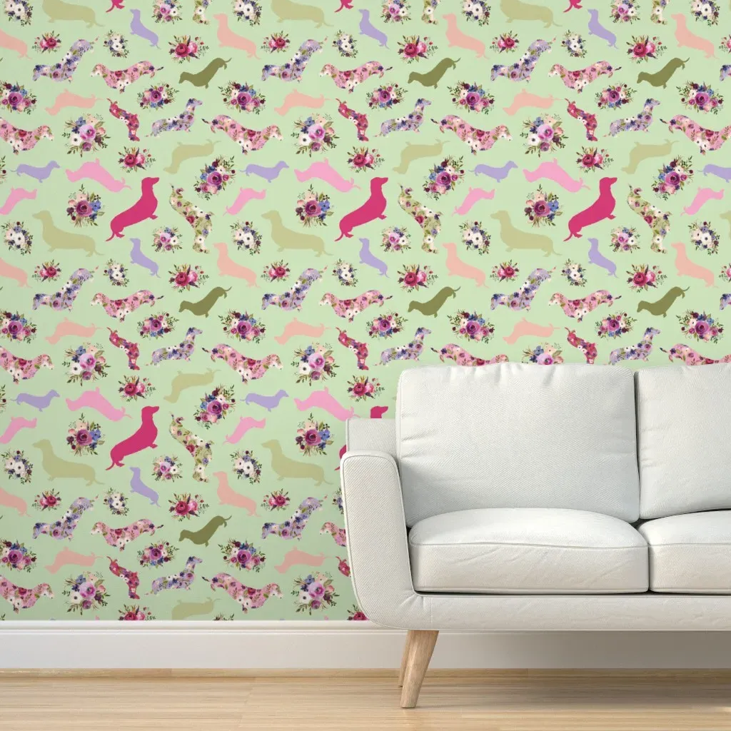 Micro Scale Floral Dachshund Peel and Stick Wallpaper - Pale Green product
