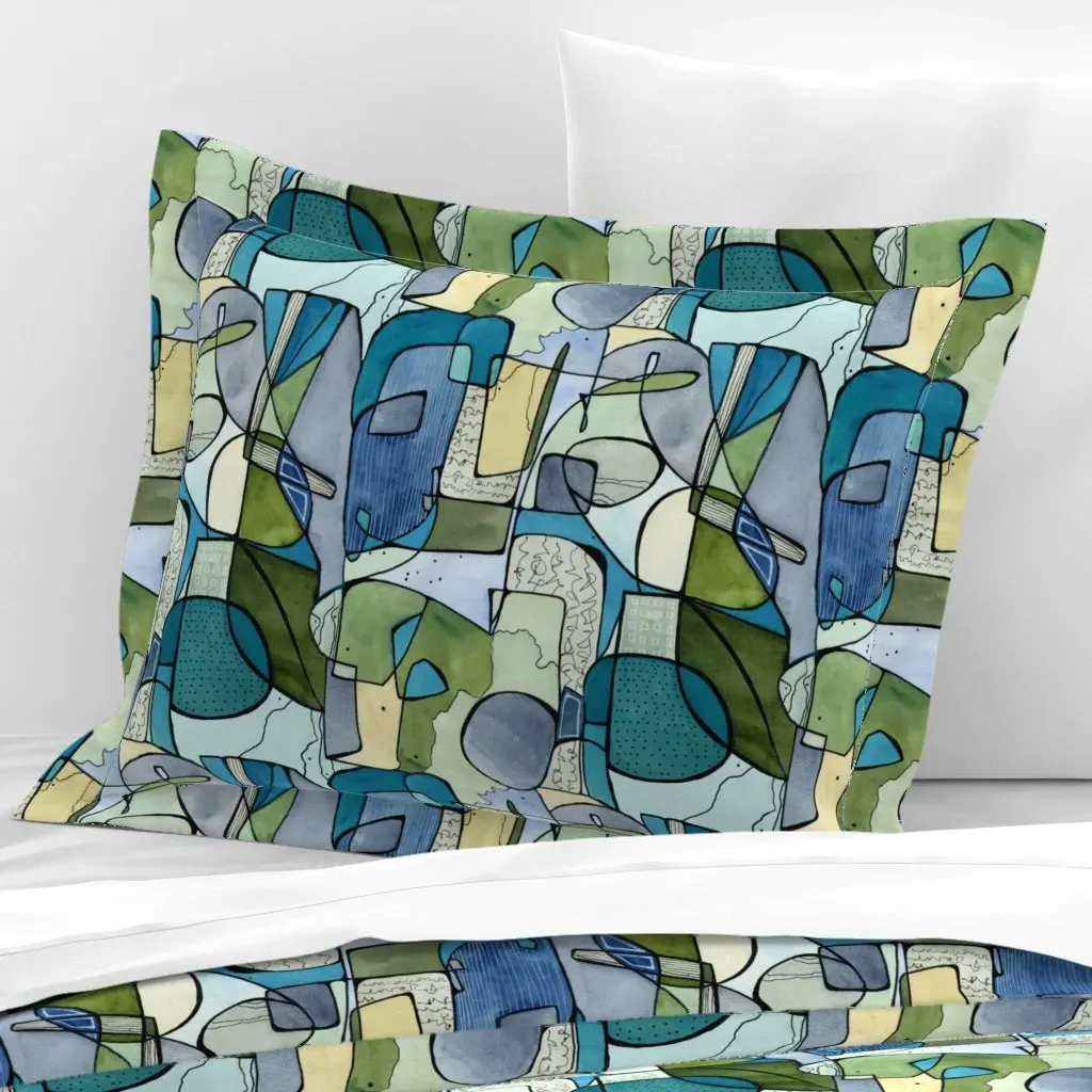 Mid Century Abstract Line Art Standard Flanged Cushion - Teal, Cotton Sateen product