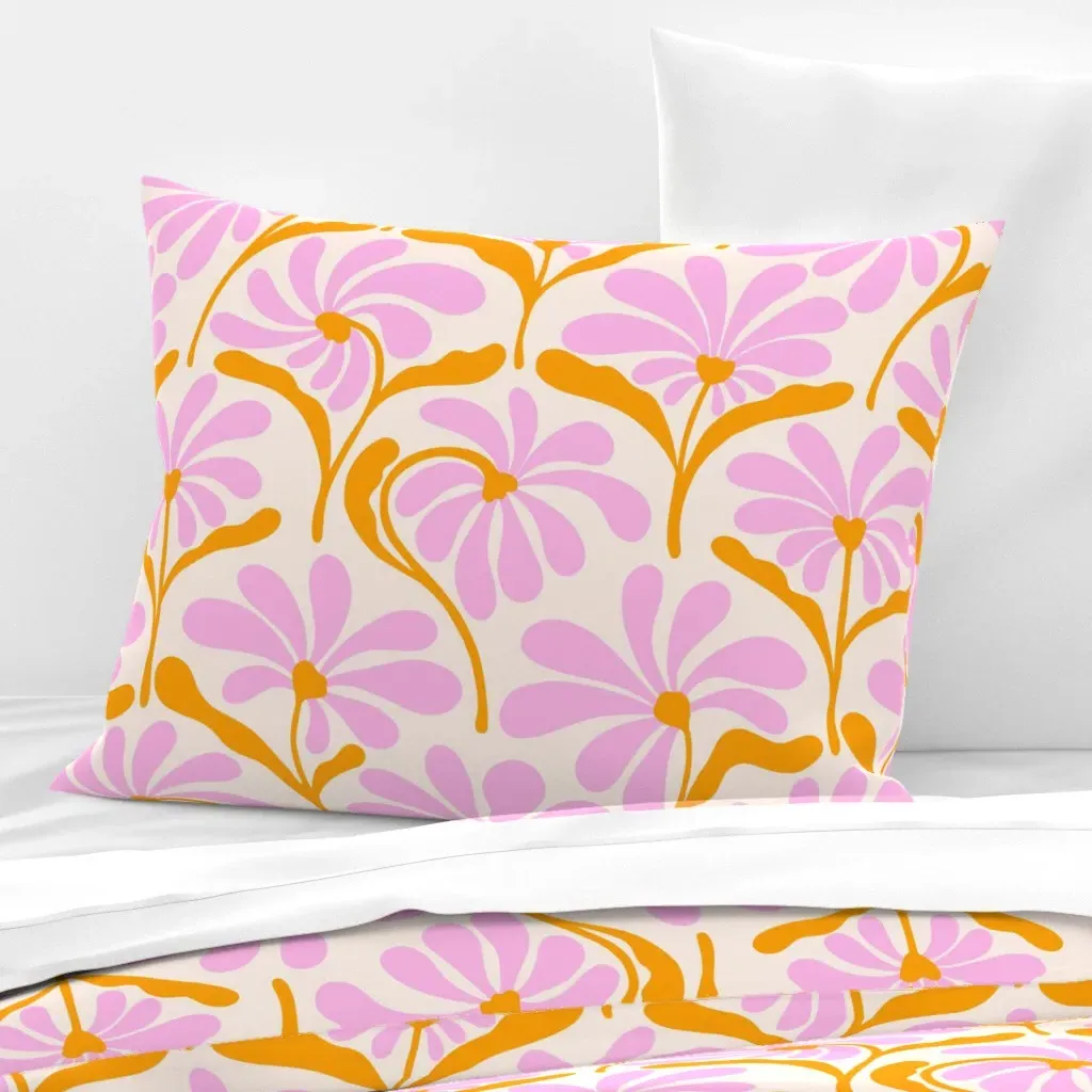 Mid Century Art Deco Flowers Standard Pillow - Pink, Cotton Sateen product