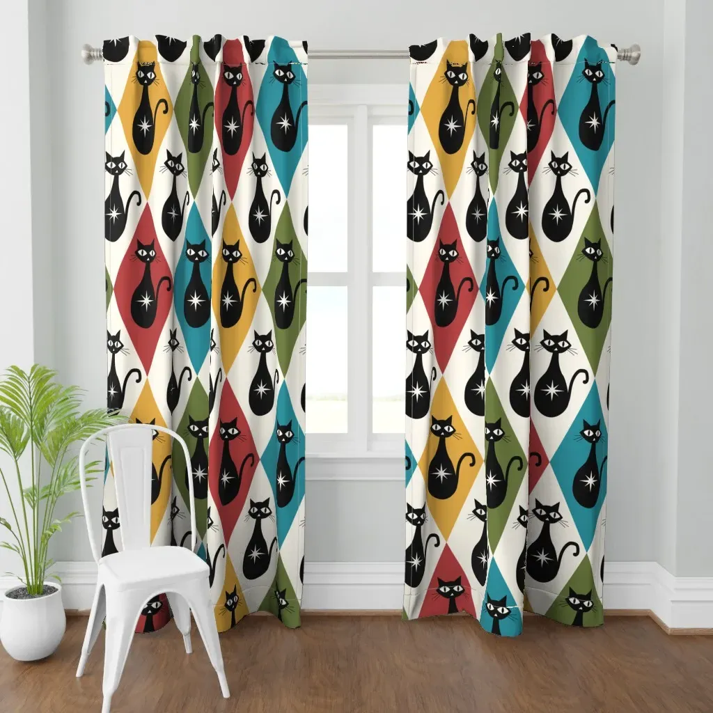 Mid Century Atomic Cats Curtain Panel - Black product