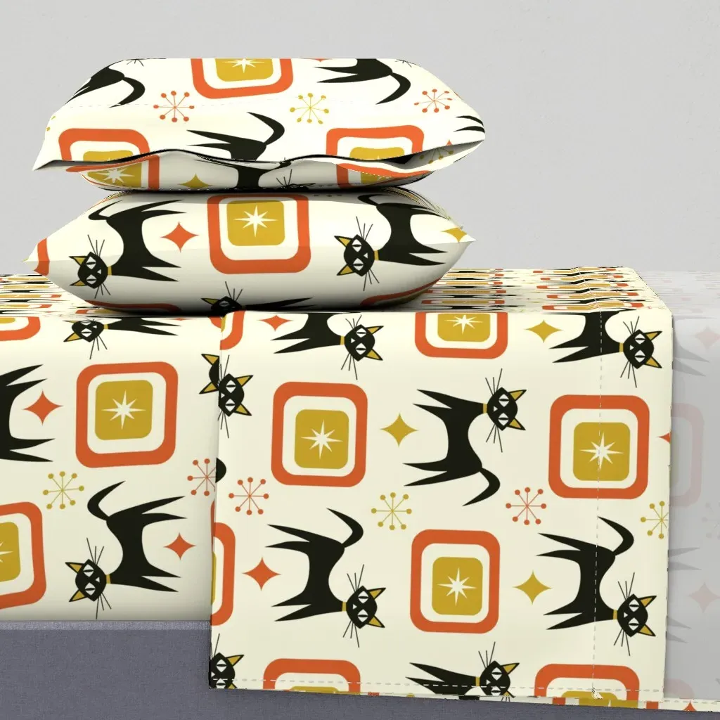 Mid Century Atomic Cats Queen Sheet Set - Black product