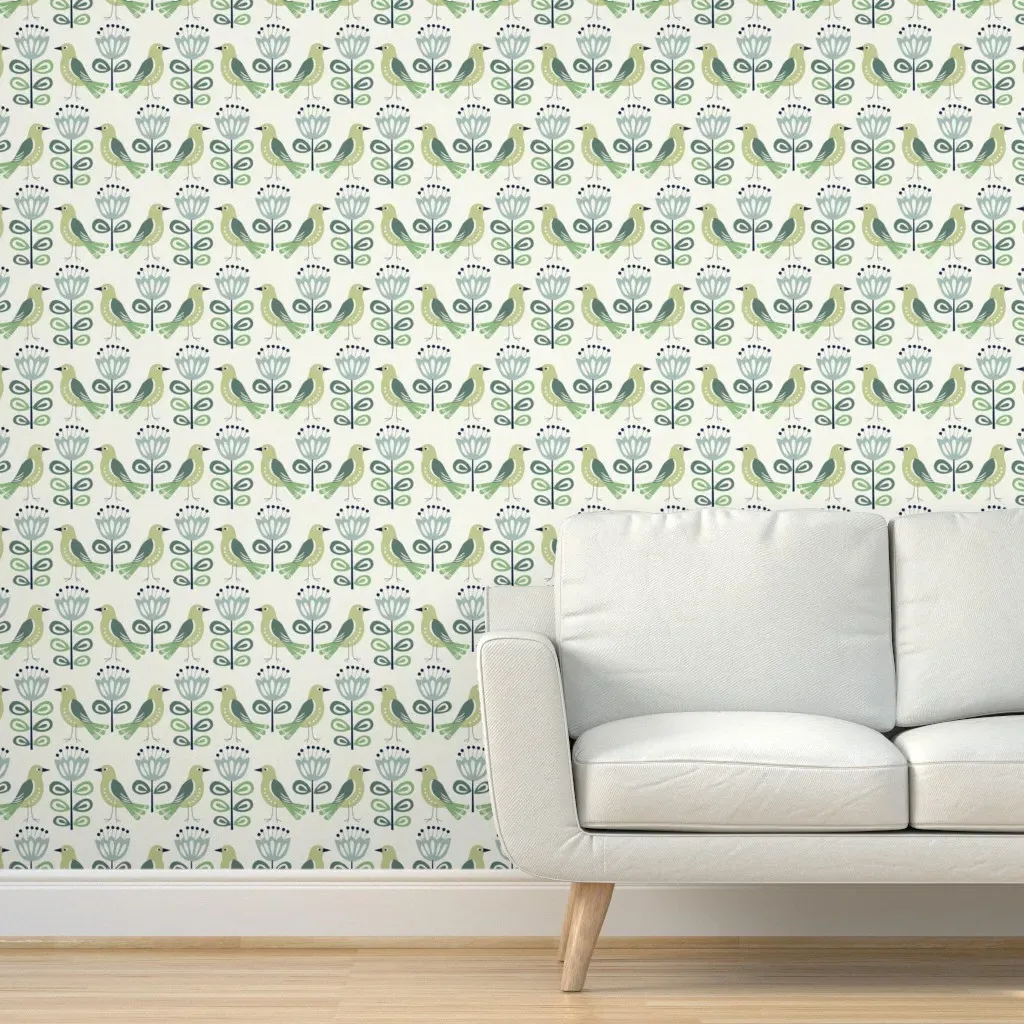 Mid Century Birds Peel and Stick Wallpaper - Sage Green product