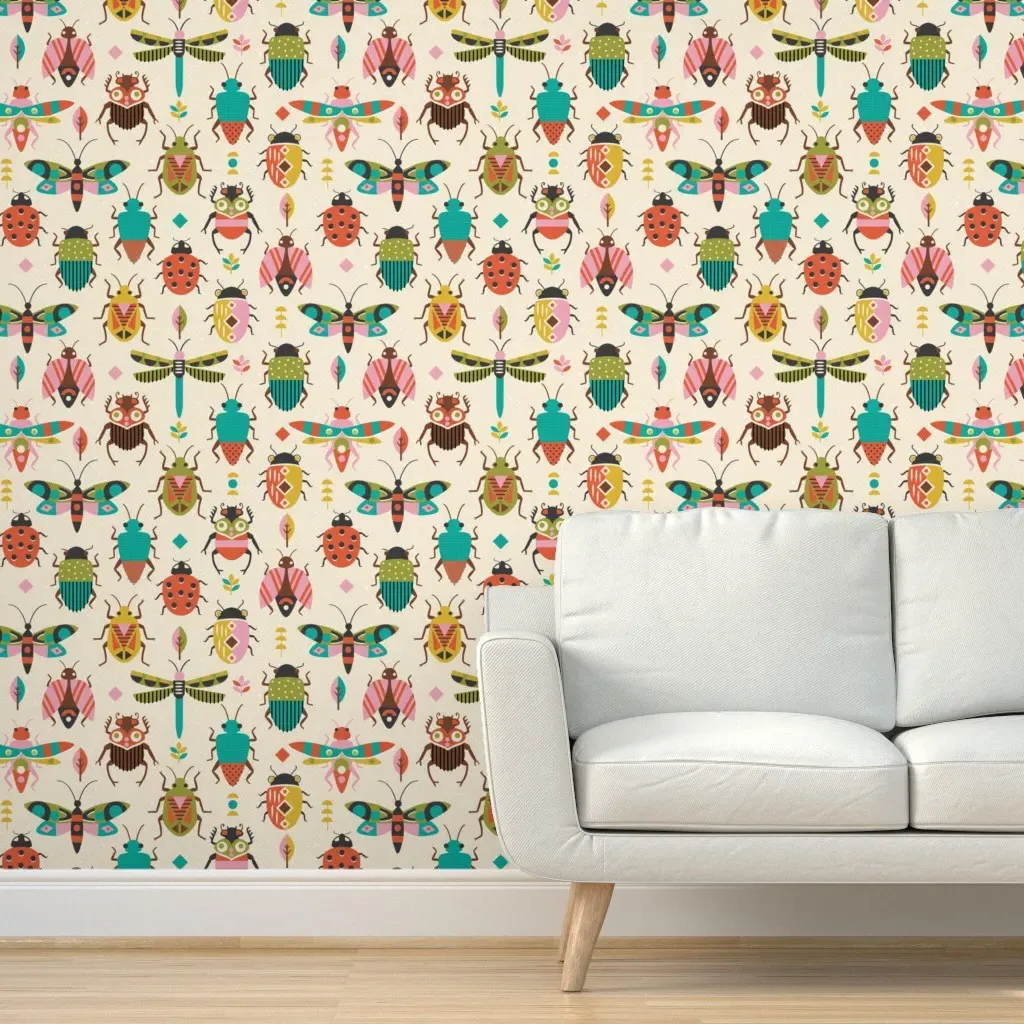 Mid Century Bugs Large Scale Peel and Stick Wallpaper - Pink product