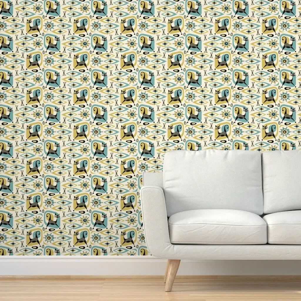 Mid Century Cat Abstract Peel and Stick Wallpaper - Teal product