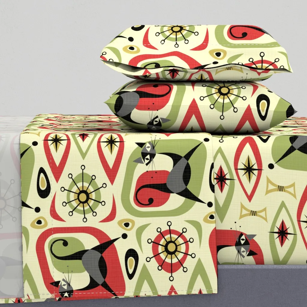 Mid Century Cat Abstract Queen Sheet Set - Gray product