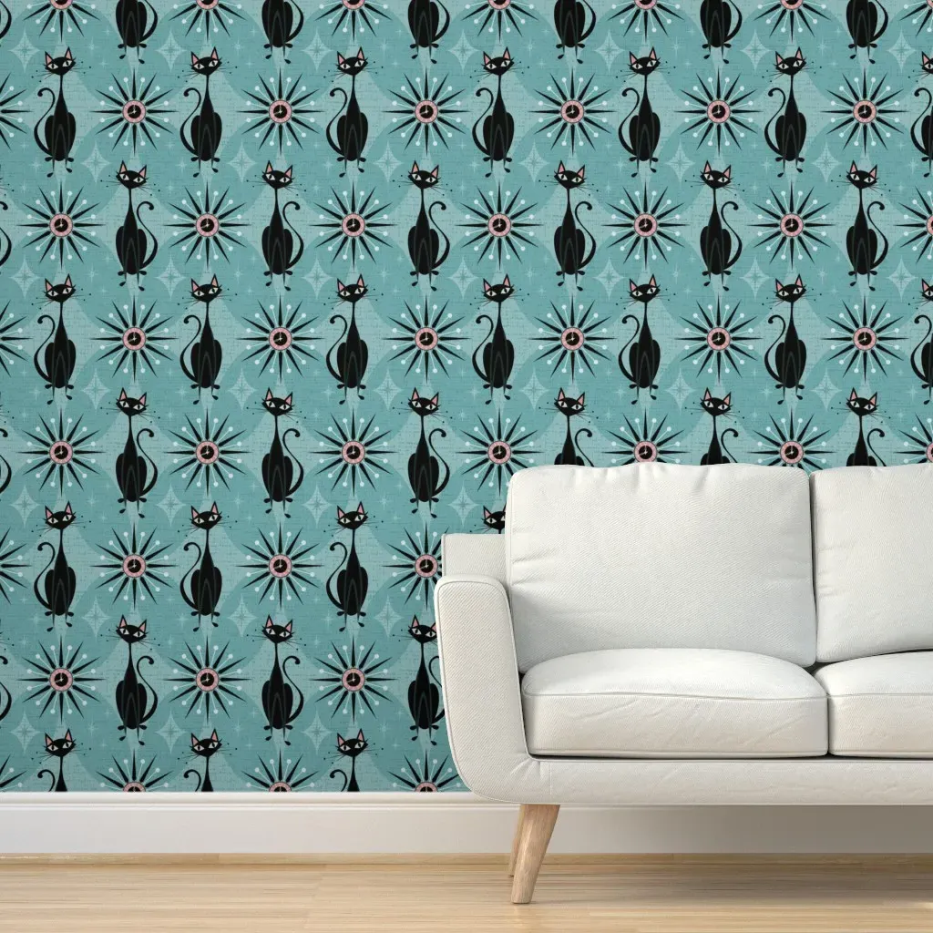 Mid Century Cats And Clocks Peel and Stick Wallpaper - Blue product