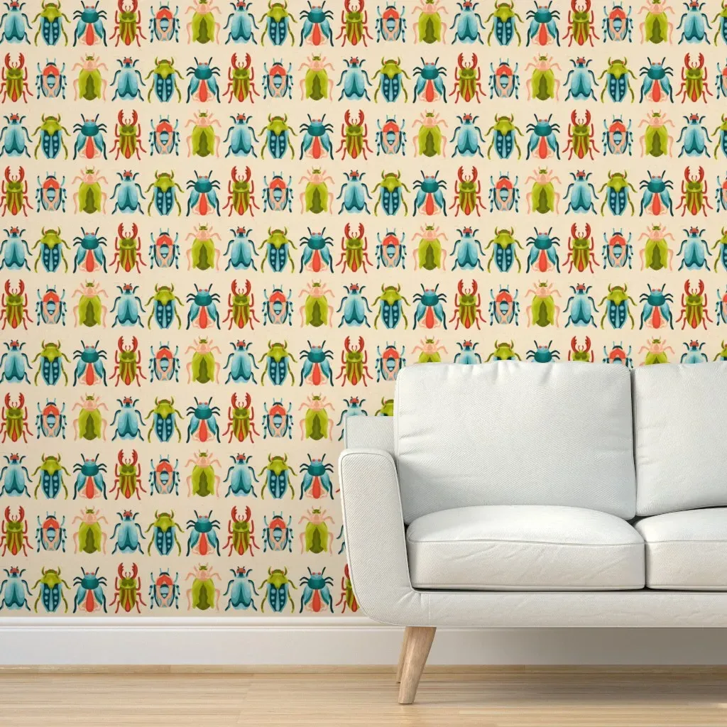 Mid Century Colorful Bugs Peel and Stick Wallpaper - Beige, Blue, Green product