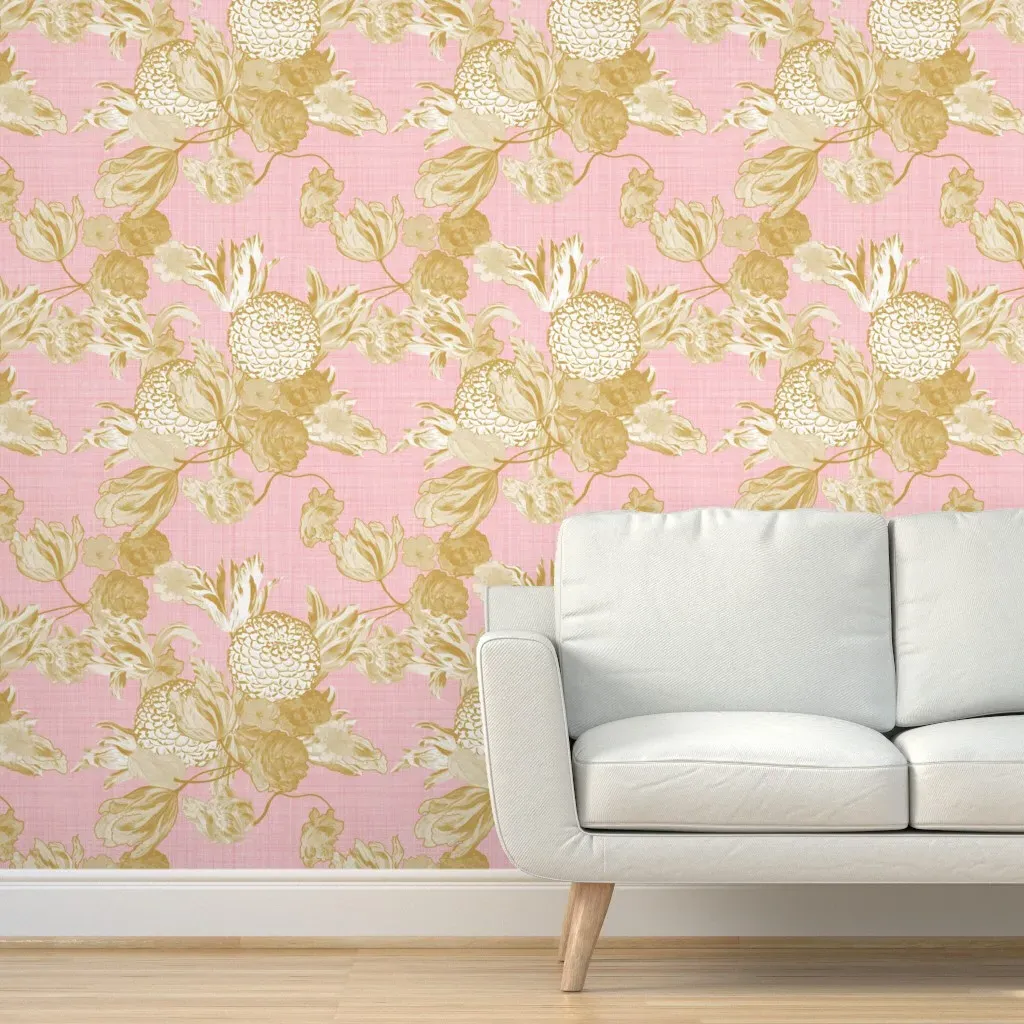 Mid Century Floral Gilt Peel and Stick Wallpaper - Pink, Linen product