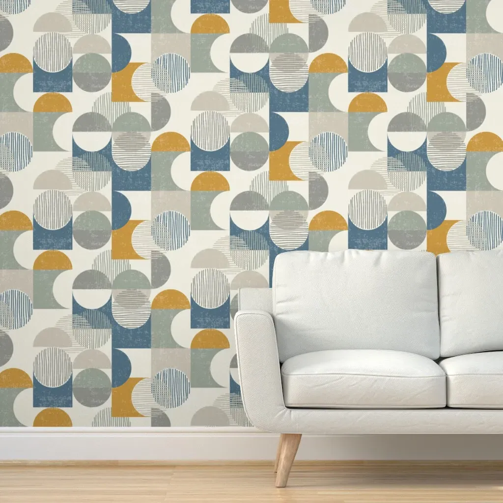 Mid Century Geometric Hand Drawn Tile Peel and Stick Wallpaper - Mustard Yellow and Blue product