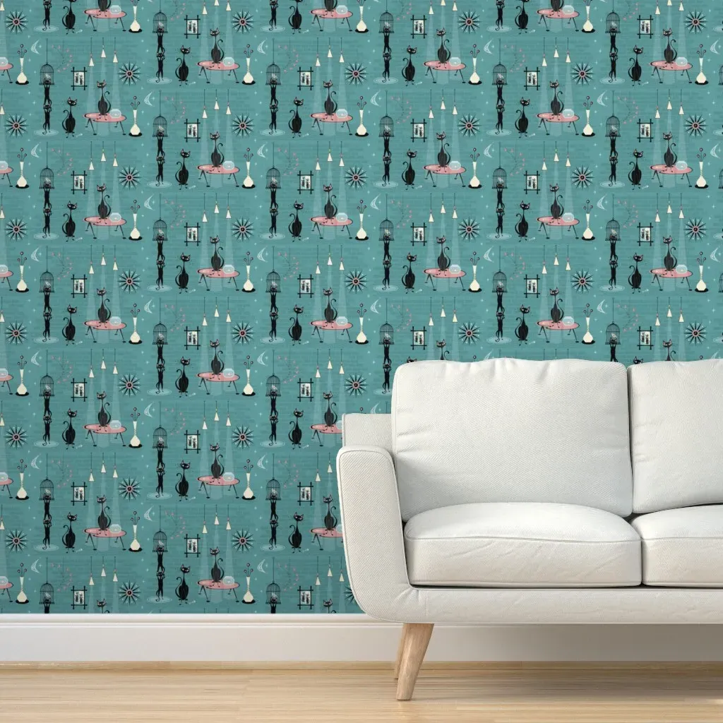Mid Century Kitty Mischief Peel and Stick Wallpaper - Blue, Pink, Green product