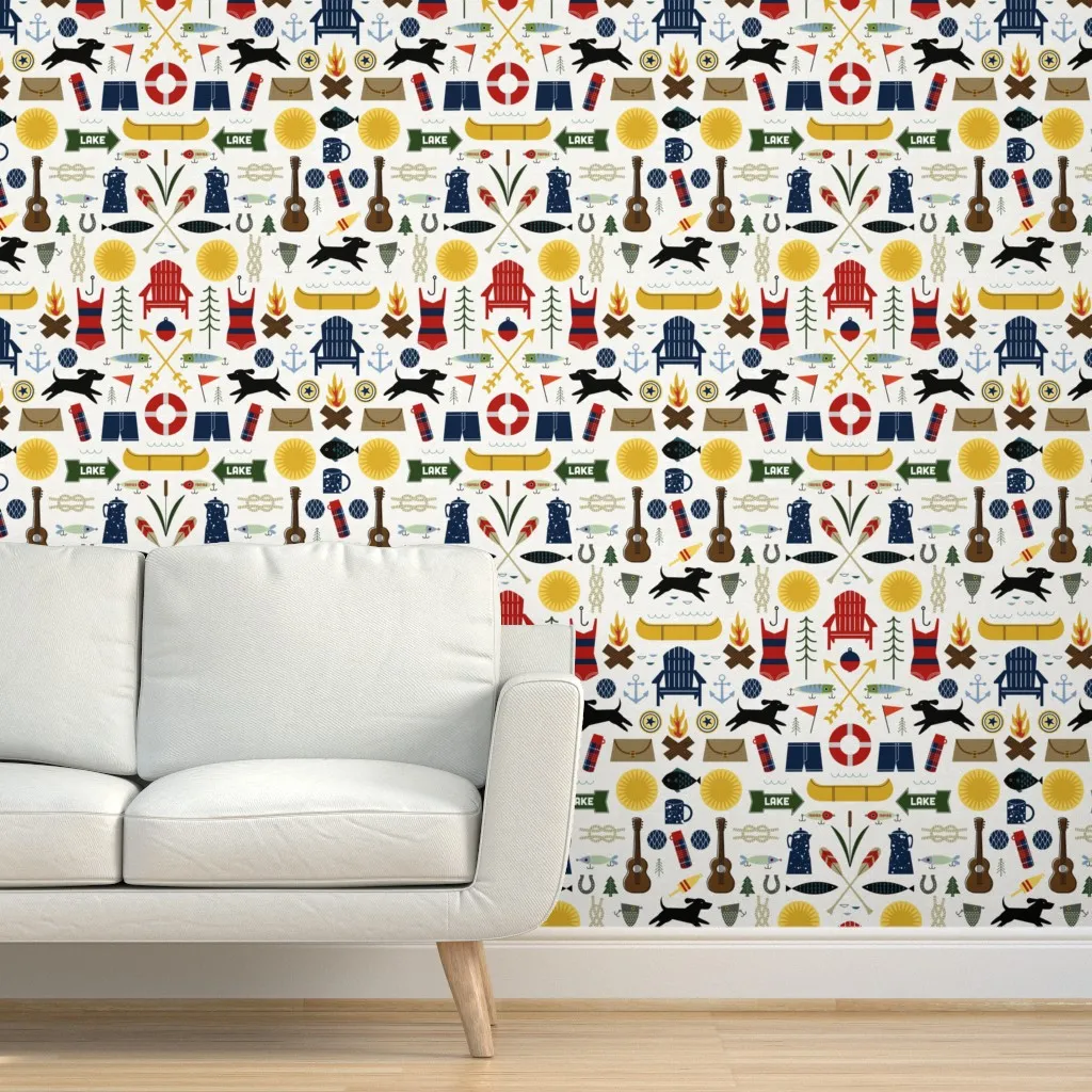 Mid-Century Lake House Peel and Stick Wallpaper - Navy Blue product