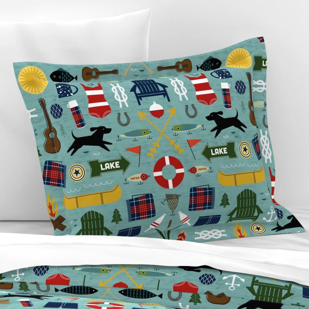 Mid-Century Lake House Standard Flanged Cushion - Teal, Cotton Sateen product