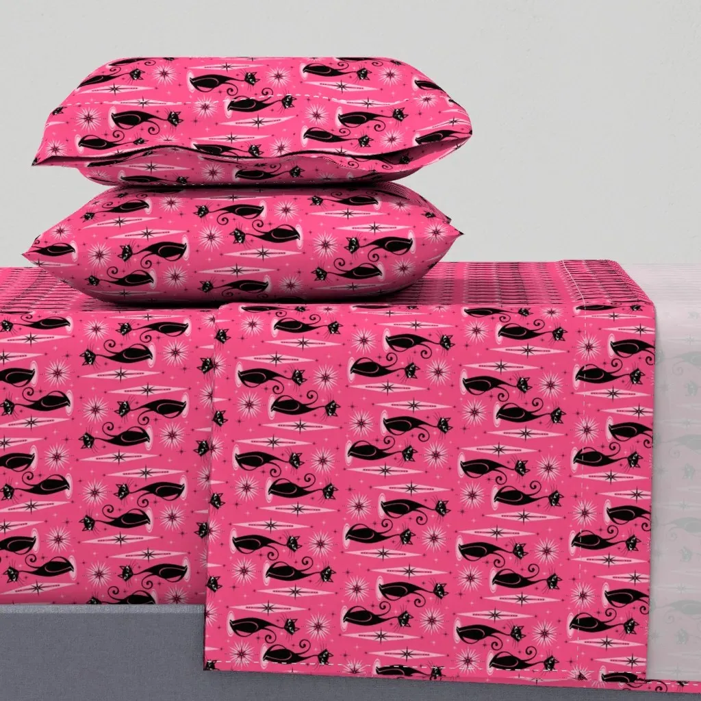 Mid Century Meow Retro Atomic Cats Twin XL Sheet Set - Pink product