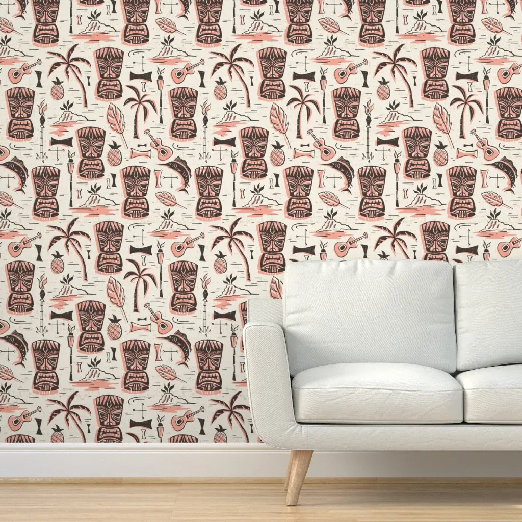 Mid Century Tropical Tiki Peel and Stick Wallpaper - Pink, Cream product