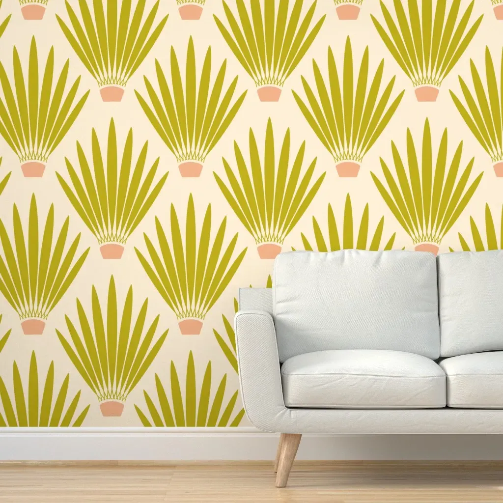 Mid Mod Desert Palm Fan Leaves Cactus Peel and Stick Wallpaper - Mustard Yellow product