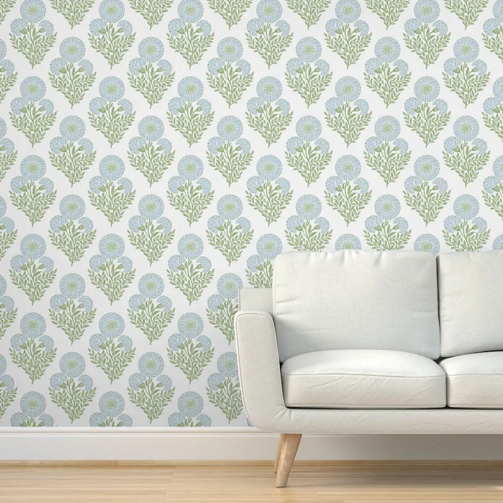 Mid Three Wild Cornflowers Block Print Peel and Stick Wallpaper - Light Blue product