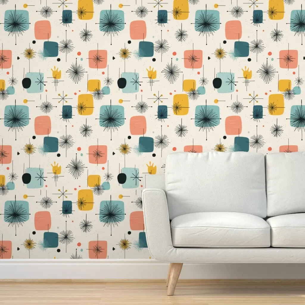 Midcentury Shapes Starburst Peel and Stick Wallpaper - Pastel Teal, Orange product