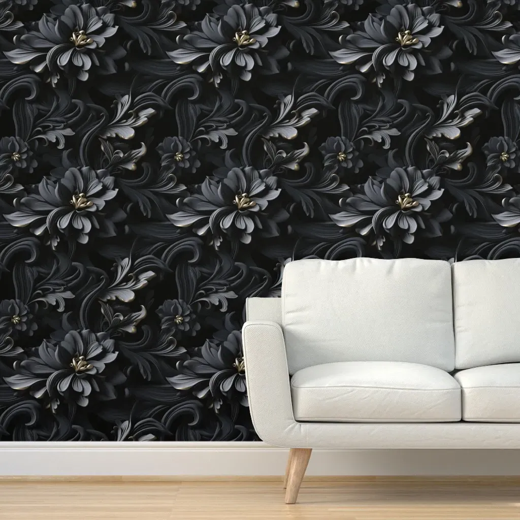 Midnight Bloom Touch Of Gold Peel and Stick Wallpaper - Dark Gray product