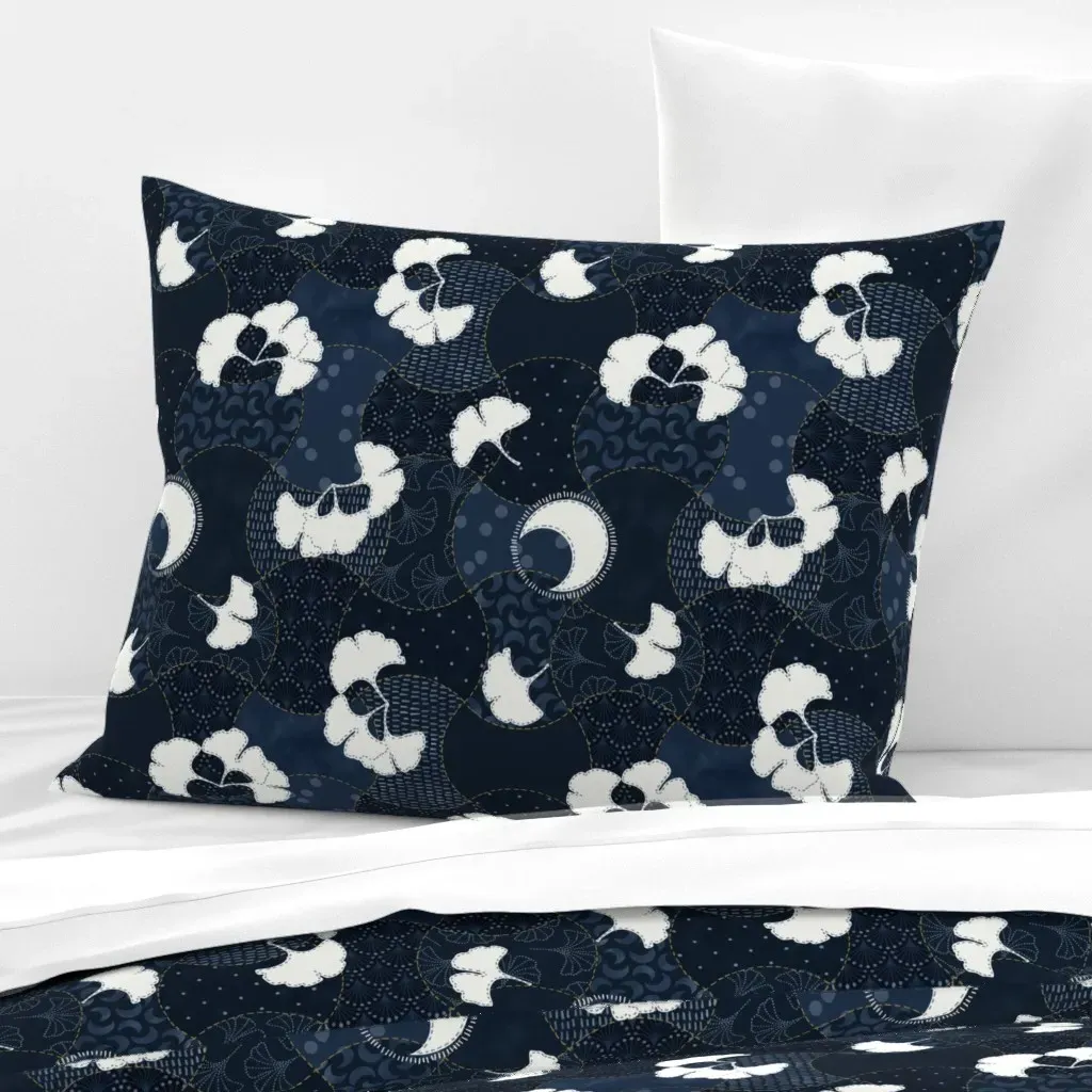 Midnight Ginkgo Patchwork Standard Knife Edge Pillow - Navy Blue, Cotton Sateen product