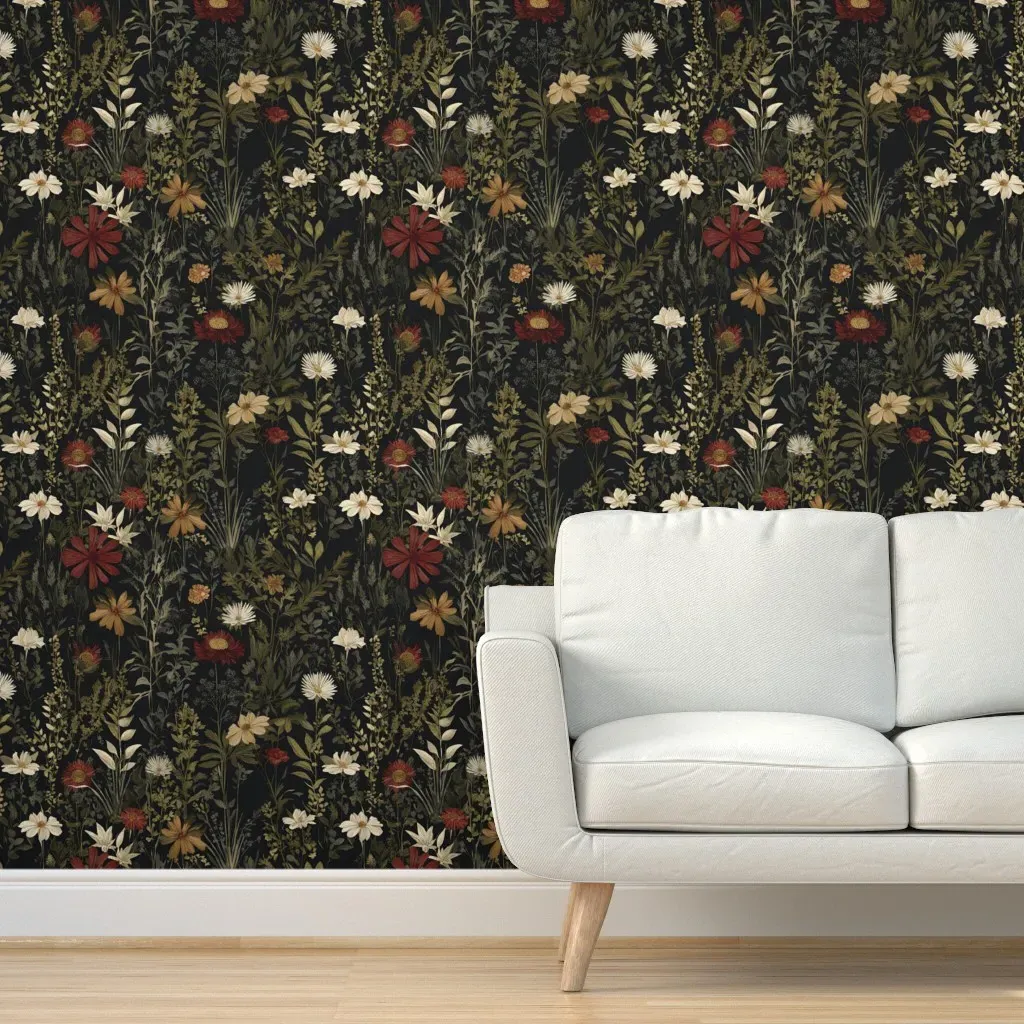 Midnight Meadow Dark Botanical Wildflower Peel and Stick Wallpaper - Green product