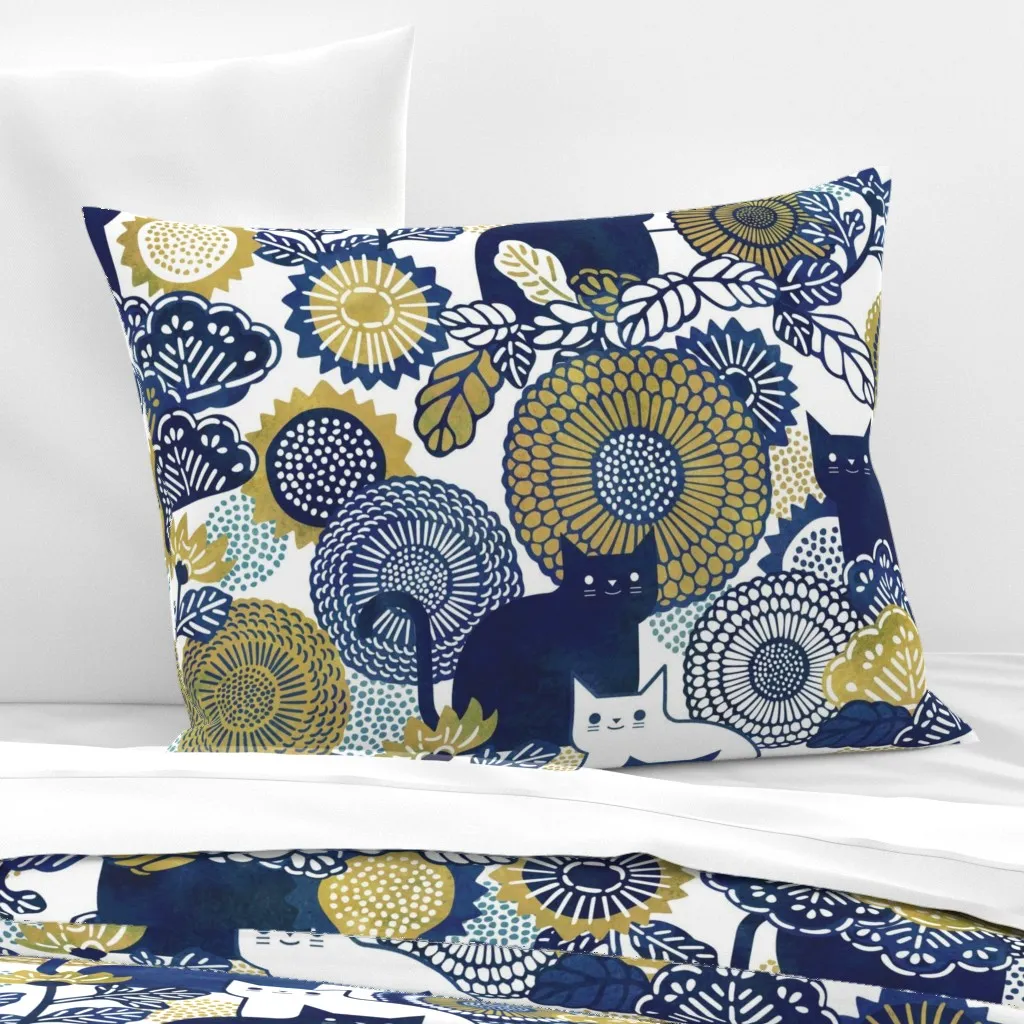 Midsummer Cats Floral Standard Knife Edge Pillow - Dark Blue, Cotton Sateen product