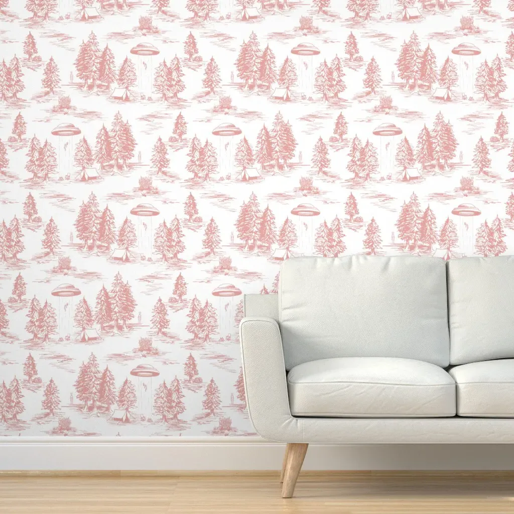 Millennial Pink Alien Abduction Toile De Jouy Peel and Stick Wallpaper - Dusty Rose product