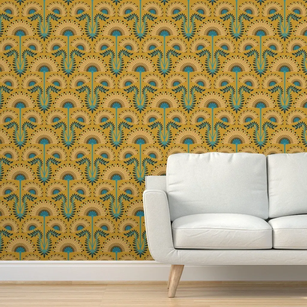 Mimosa Art Deco Floral Damask Peel and Stick Wallpaper - Mustard Blue Black product