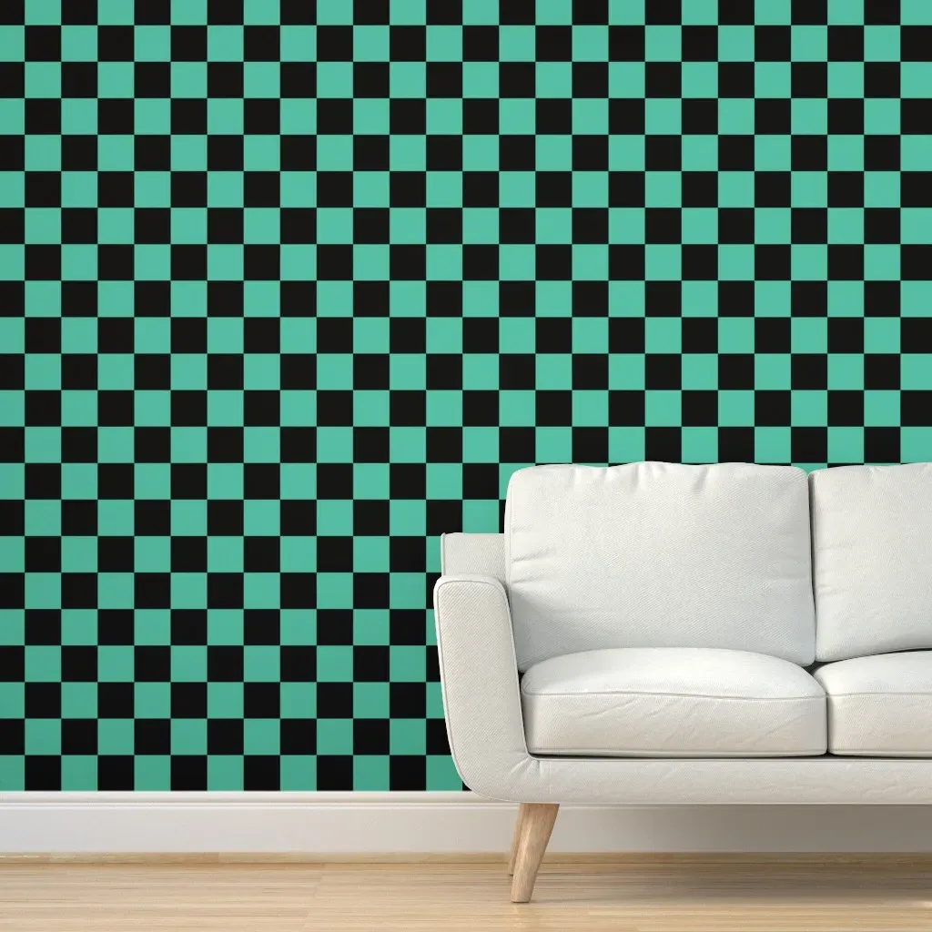 Mini Demon Slaying Tanjiro Ichimatsu Checkered Peel and Stick Wallpaper - Teal Green, Black product