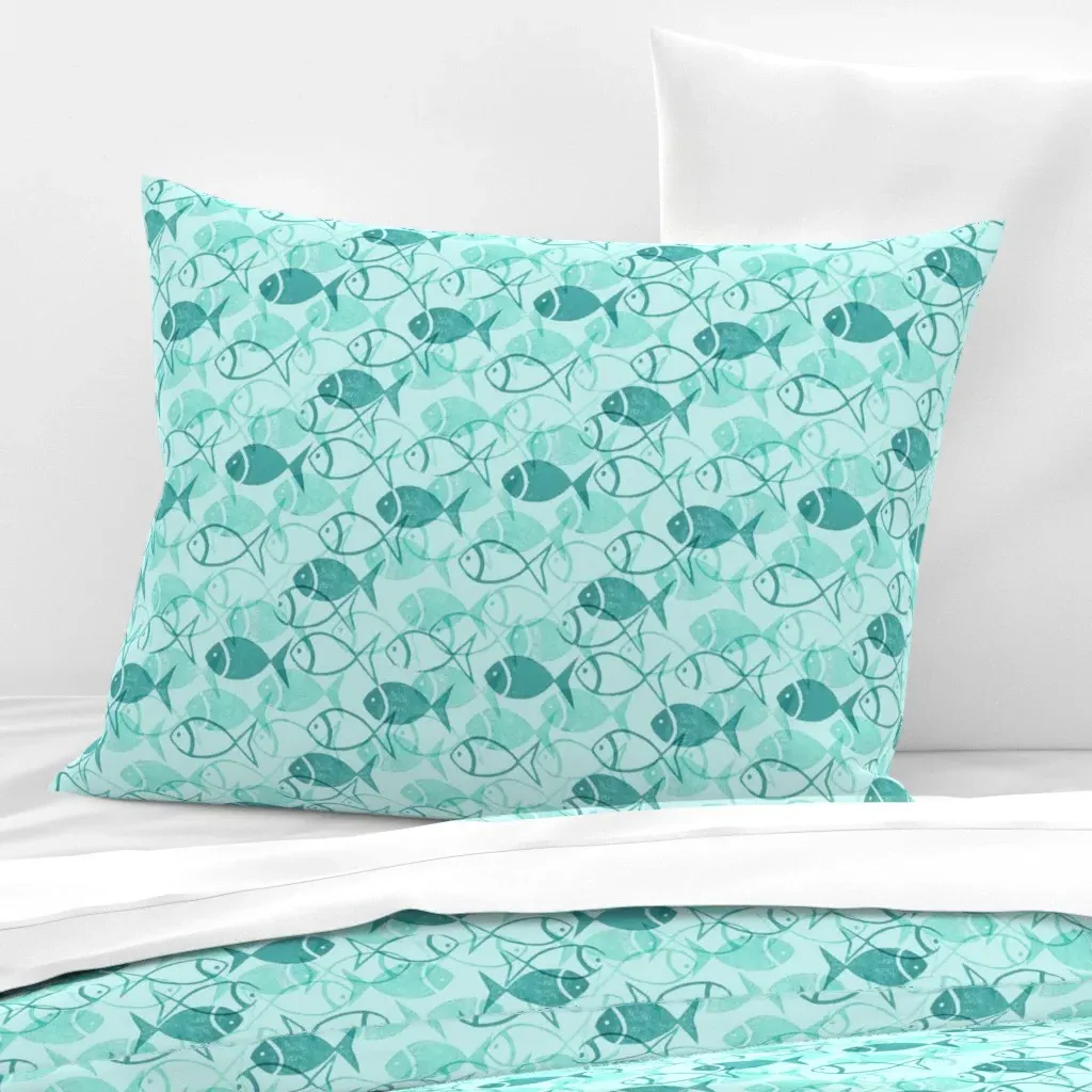 Mini Fish Coastal Blockprint Standard Knife Edge Cushion - Teal, Cotton product