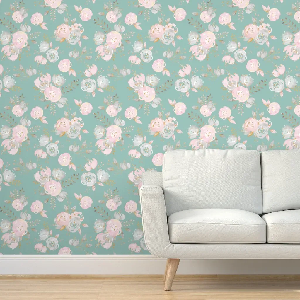 Mint Blush Gold Glitter Floral Peel and Stick Wallpaper - Dusty Rose product