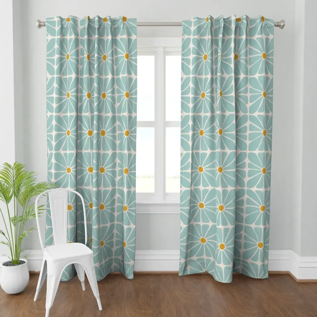 Mint Retro Floral Jumbo Curtain Panel - Dusty Teal product