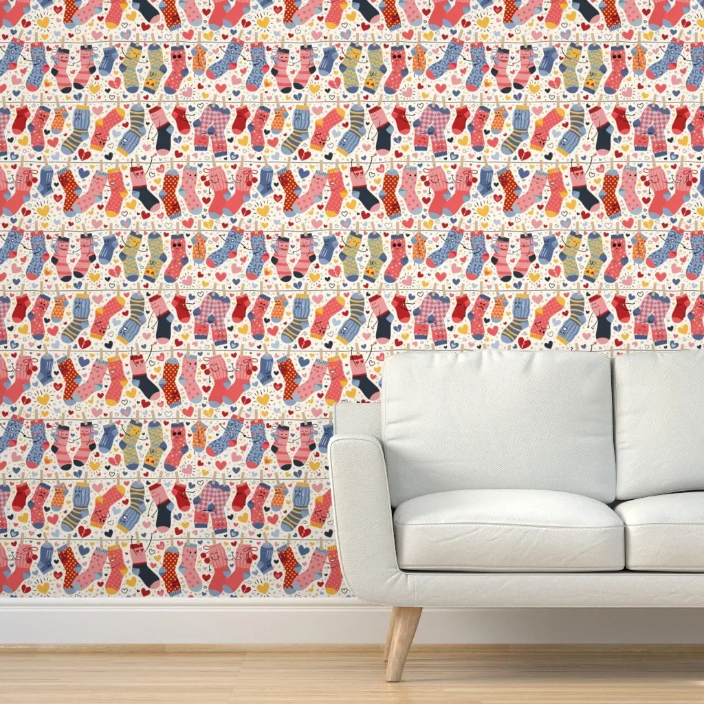 Mismatched Socks Love Story Peel and Stick Wallpaper - Pink product